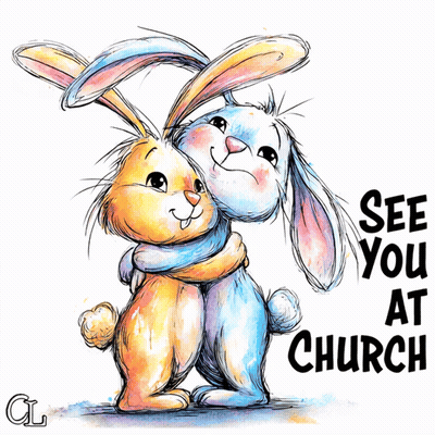 Two Rabbits Hugging With The Words See You At Church GIF