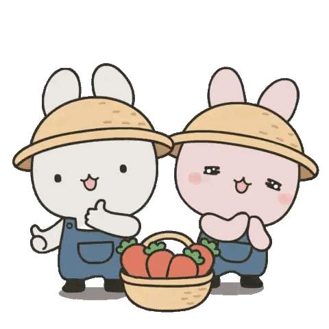 Two Rabbits Wearing Hats Are Standing Next To Each Other With A Basket Of Carrots Sticker