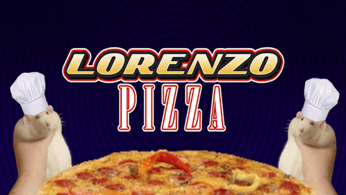 Two Rat Chefs Holding A Pizza In Front Of A Lorenzo Pizza Logo GIF
