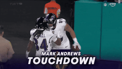 Two Ravens Football Players Celebrate A Touchdown With The Words Mark Andrews Touchdown In The Corner GIF