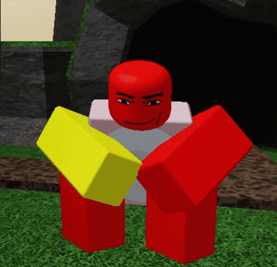 Two Red And Yellow Blocks Are Standing Next To Each Other On A Grassy Field GIF