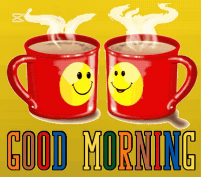 Two Red Cups With Smiley Faces On Them And The Words Good Morning GIF