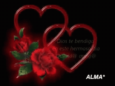 Two Red Hearts And Roses With Spanish Message GIF