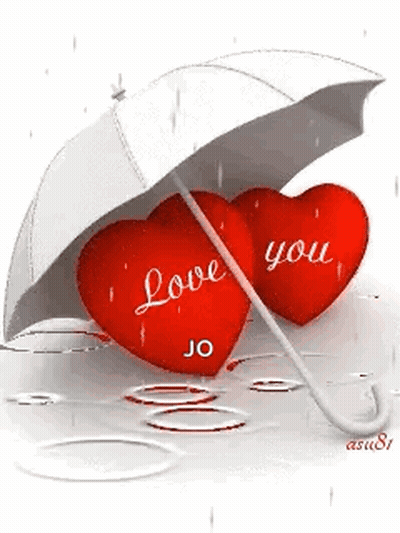 Two Red Hearts Saying Love You Under Umbrella In Rain GIF