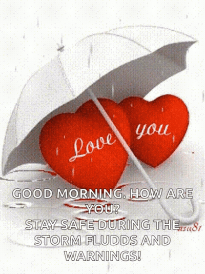Two Red Hearts Under Umbrella Good Morning How Are You GIF