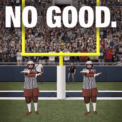 Two Referees Are Standing In Front Of A Goal Post With The Words " No Good " Above Them GIF