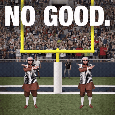 Two Referees On A Football Field With The Words " No Good " Behind Them GIF