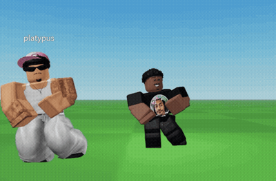 Two Roblox Characters Are Standing In A Field With The Name Platypus On The Bottom Left GIF