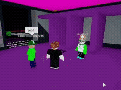 Two Roblox Characters Are Standing In A Room With Purple Walls And A Purple Ceiling . GIF