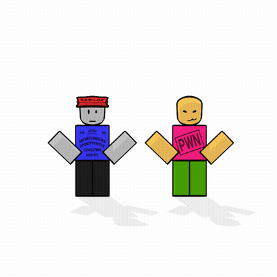 Two Roblox Characters Are Standing Next To Each Other And One Has Pwn On His Shirt GIF
