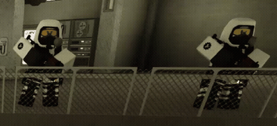 Two Robotic Soldiers Standing On Balcony In Video Game GIF