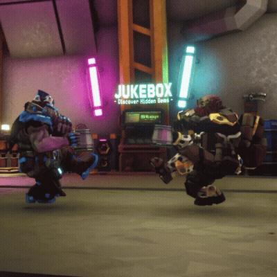 Two Robots Are Dancing In Front Of A Jukebox That Says " Discover Hidden Gems " GIF