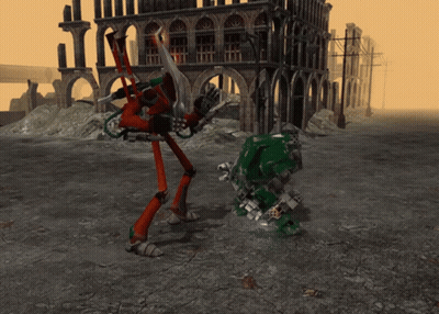 Two Robots Fighting In Front Of Destroyed Building GIF
