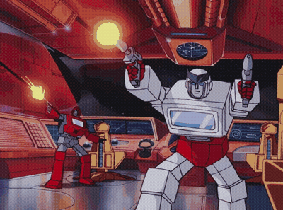Two Robots Holding Gun And Flamethrower GIF