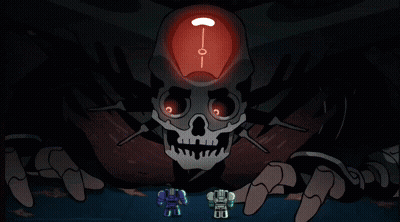 Two Robots Standing In Front Of Giant Robot With Blue Light GIF