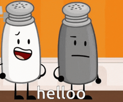Two Salt And Pepper Shakers Are Standing Next To Each Other With The Words Helloo Behind Them GIF