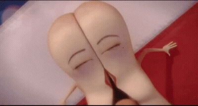 Two Sausages Are Laying On A Bed With Their Eyes Closed And Their Butts Visible . GIF