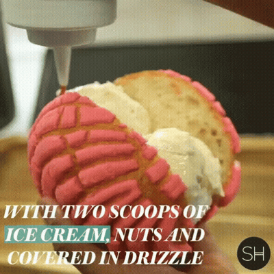 Two Scoops Ice Cream Nuts Drizzle Poured Into Concha GIF