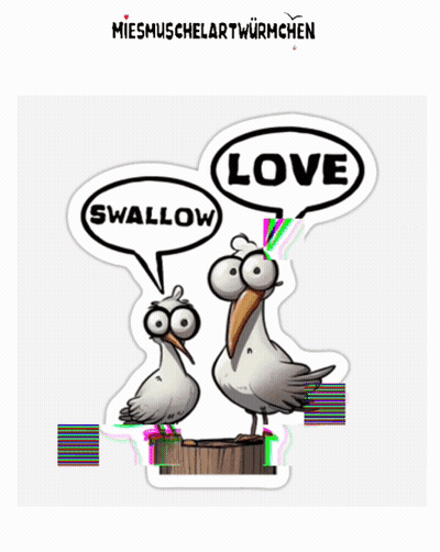 Two Seagulls Are Standing Next To Each Other With Speech Bubbles Saying Love And Swallow GIF