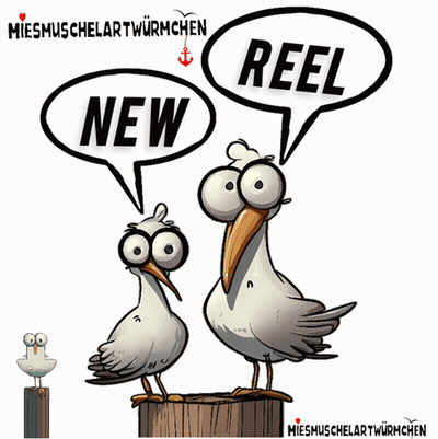 Two Seagulls Are Standing On A Wooden Post With Speech Bubbles That Say New And Reel GIF