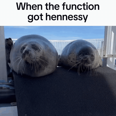 Two Seals Are Sitting Next To Each Other With The Caption " When The Function Got Hennessy " Above Them GIF