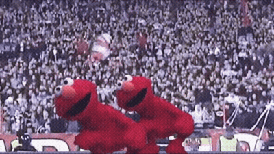 two sesame street characters are dancing in front of a crowd at a stadium