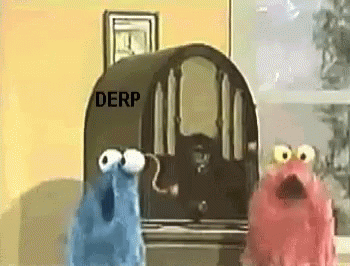 Two Sesame Street Characters Are Standing In Front Of A Radio That Says Derp On It . GIF