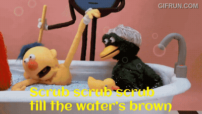 Two Sesame Street Characters In A Bathtub With The Words Scrub Scrub Scrub Till The Water 'S Brown GIF