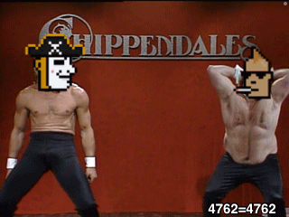 Two Shirtless Men Are Dancing In Front Of A Sign That Says " Hippendales " GIF