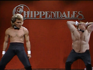 Two Shirtless Men Are Dancing In Front Of A Sign That Says Hippendales GIF