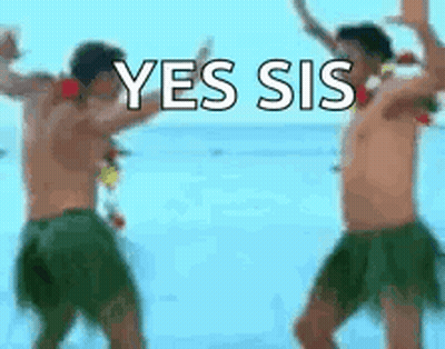 Two Shirtless Men Are Dancing On The Beach And The Words Yes Sis Are Visible In The Background . GIF