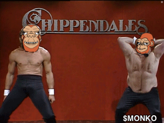 Two Shirtless Men Are Standing In Front Of A Sign That Says Chippendale 'S GIF