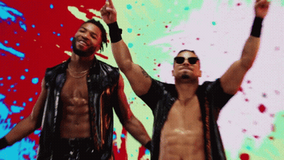 Two Shirtless Men Dancing With Arms Up GIF