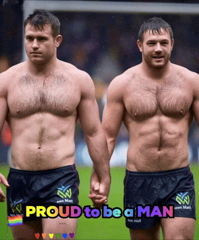 Two Shirtless Men Holding Hands With The Words Proud To Be A Man On The Bottom GIF