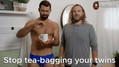 Two Shirtless Men Stop Tea-Bagging Your Twins GIF