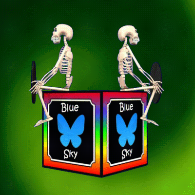 Two Skeletons Are Sitting On Top Of A Box That Says Blue Sky GIF