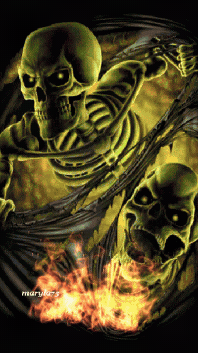 Two Skeletons Are Surrounded By Flames And The Name Maryka75 Is At The Bottom GIF