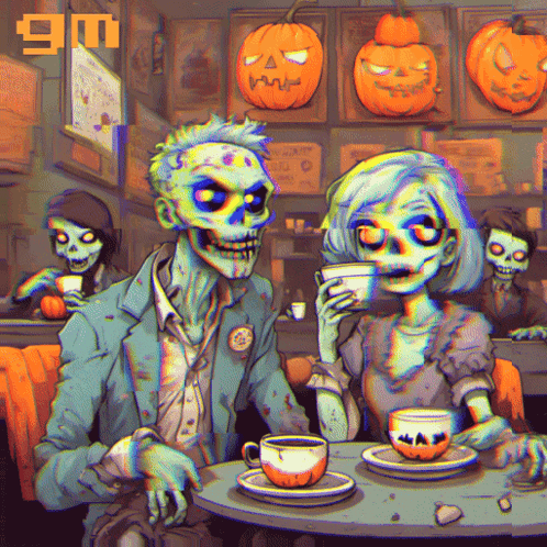 Two Skeletons Drinking Coffee In A Diner GIF