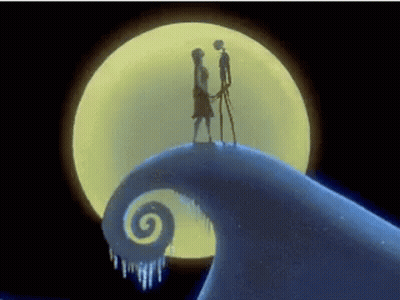 Two Skeletons Facing Each Other Under Full Moon GIF