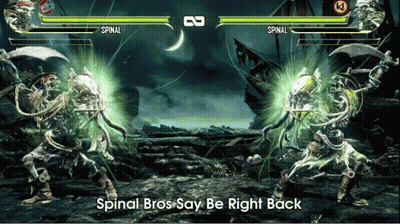 Two Skeletons Fighting In A Video Game With The Words Spinal Bros Say Be Right Back On The Bottom GIF