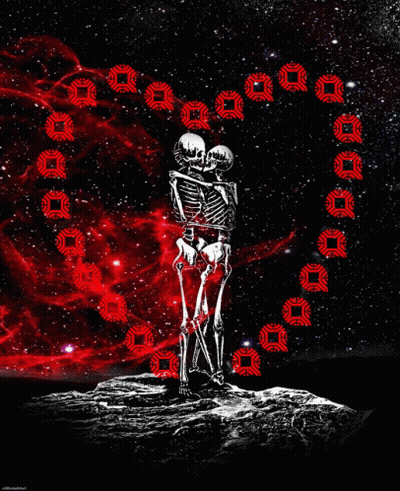 Two Skeletons Kissing In Front Of Red Background GIF