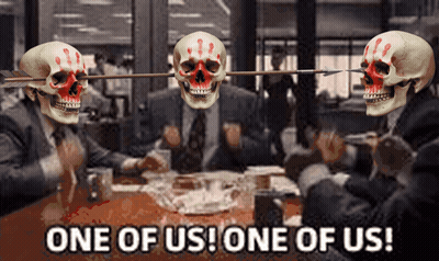 Two Skulls With Arrows Saying One Of Us GIF