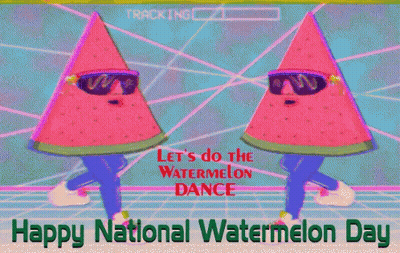 Two Slices Of Watermelon Wearing Sunglasses Are Dancing On A Colorful Background With The Words " Happy National Waterme GIF