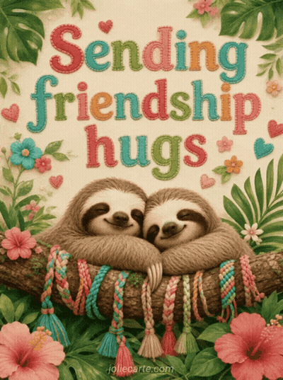 Two Sloths Laying On Tree Branch Sending Friendship Hugs GIF