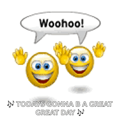Two Smiley Faces Are Waving And A Speech Bubble Says Woohoo GIF