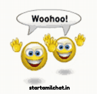 Two Smiley Faces Waving With Woohoo Speech Bubble GIF