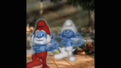 Two Smurfs Are Dancing Together On A Tiled Floor In A Room . GIF