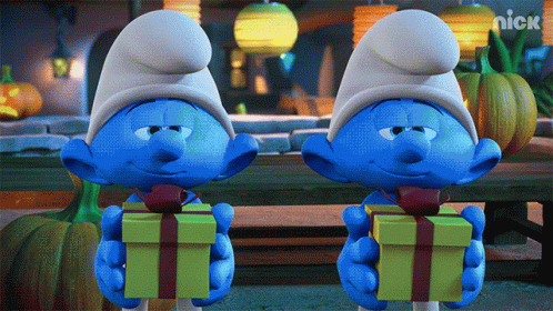 Two Smurfs Are Holding Presents In Front Of Pumpkins And The Word Nick Is Above Them GIF
