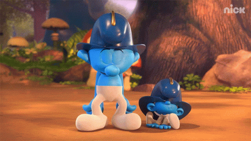Two Smurfs Wearing Cowboy Hats With The Nick Logo In The Corner GIF