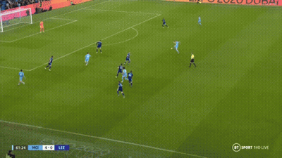Two Soccer Players Are Hugging Each Other On A Field With A Score Of 5-0 On The Screen GIF